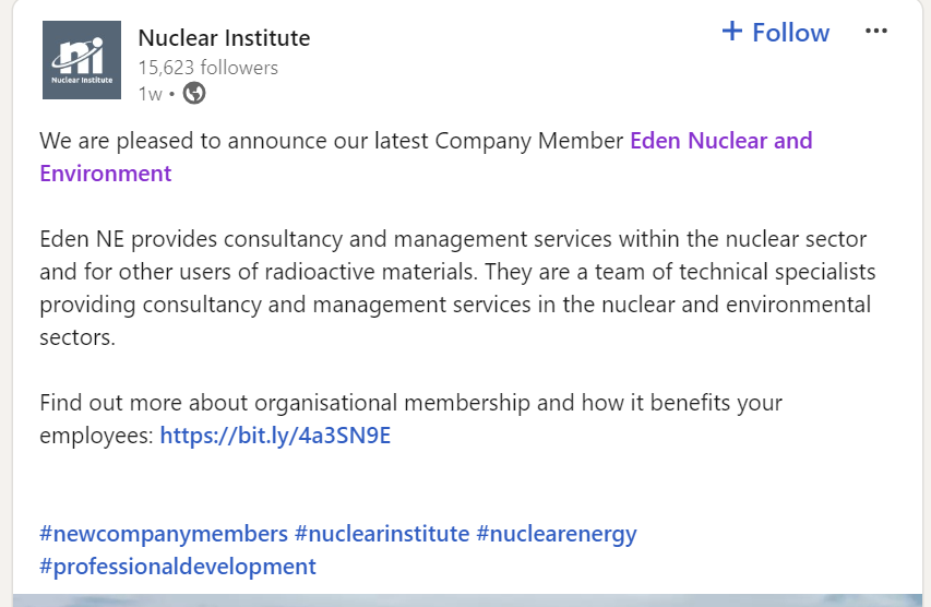 Eden NE Joins the Nuclear Institute as a Company Member